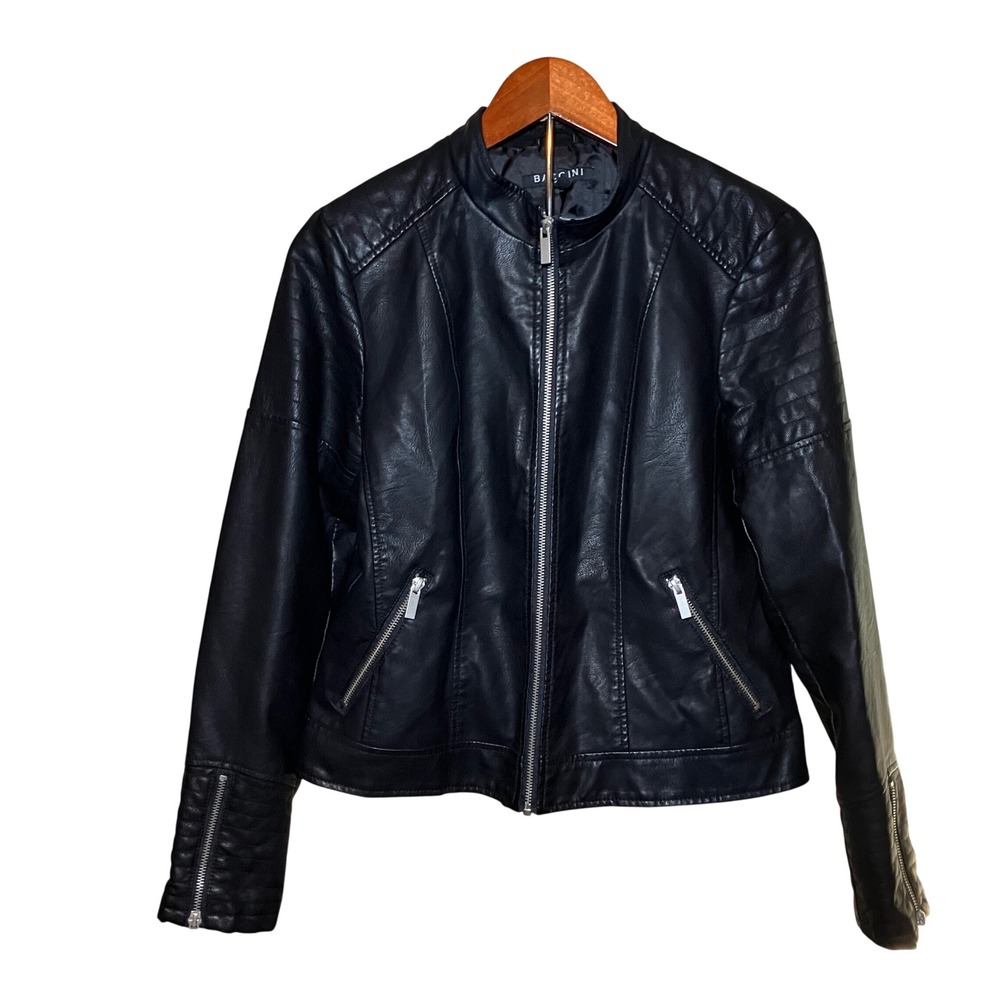 Baccini Moto Jacket Women Small Black Faux Leather Quilted Biker 
Zip Sleeves